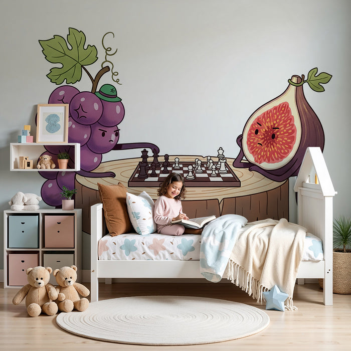 Papel de parede para quarto de criança | Uvas e figos numa partida de xadrez