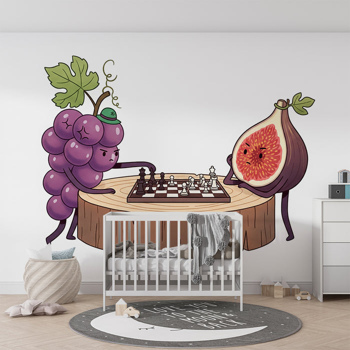 Papel de parede para quarto de criança | Uvas e figos numa partida de xadrez