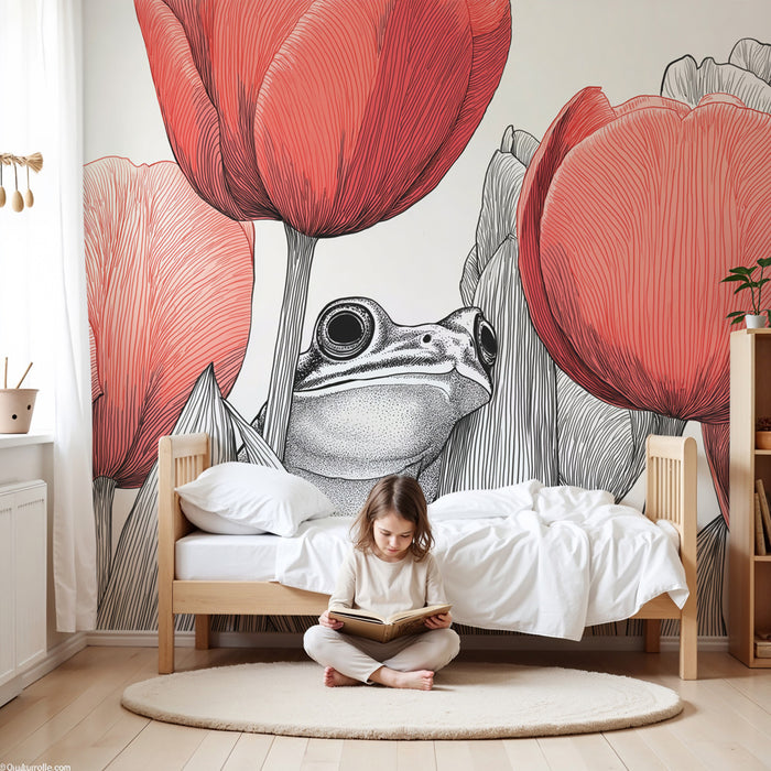 Papier peint chambre enfant | Grenouille cachée parmi les tulipes
