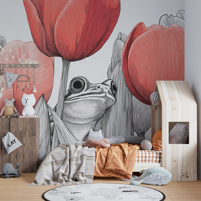 Papier peint chambre enfant | Grenouille cachée parmi les tulipes