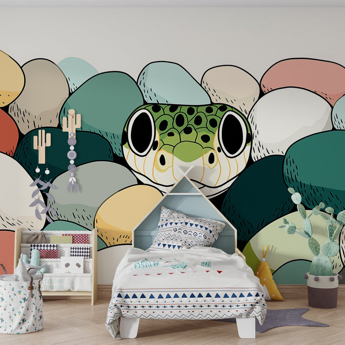 Kinderzimmer Tapete | Verspielte Frosch unter bunten Steinen