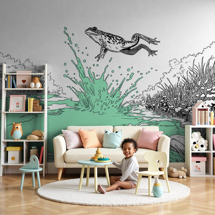 Papel pintado infantil | Rana saltando en un estanque colorido