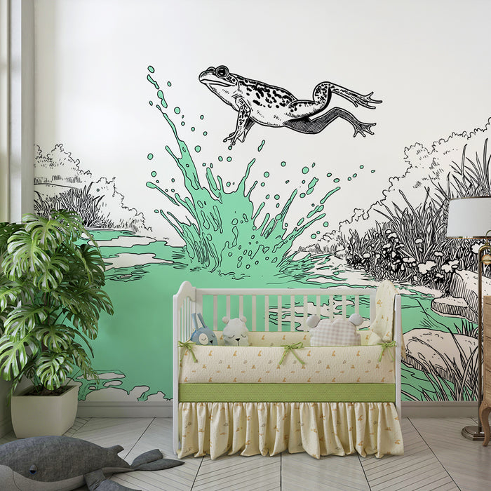 Papel pintado infantil | Rana saltando en un estanque colorido