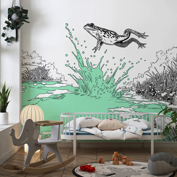 Papel pintado infantil | Rana saltando en un estanque colorido