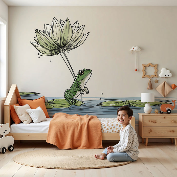 Papel pintado infantil | Rana debajo de una flor de loto