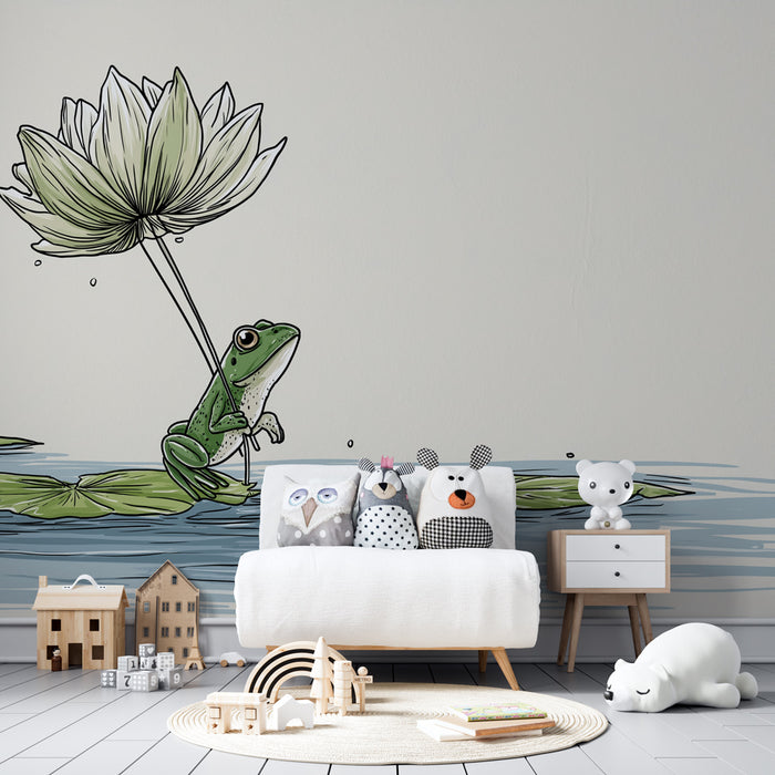 Papel pintado infantil | Rana debajo de una flor de loto