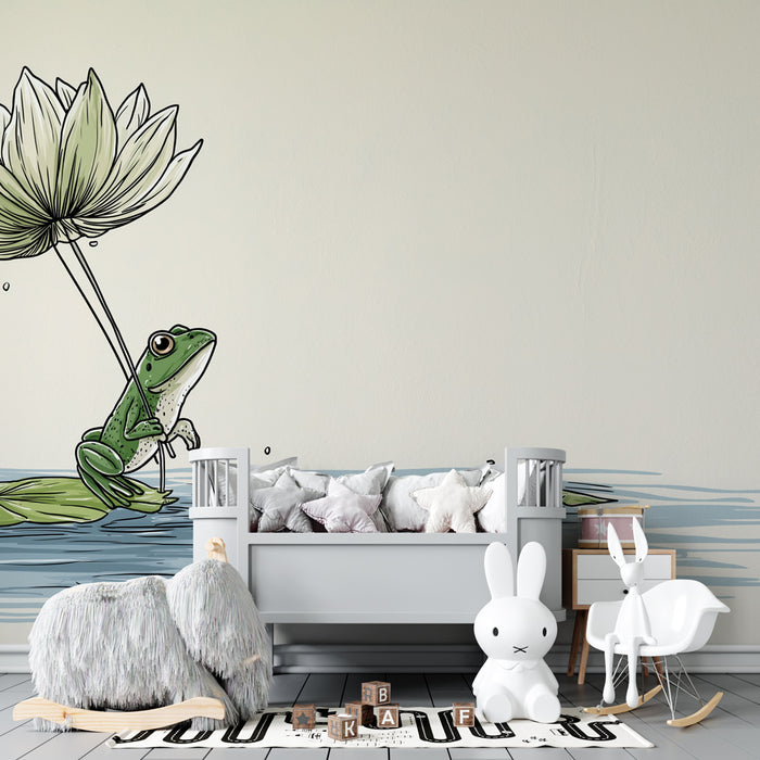 Papel pintado infantil | Rana debajo de una flor de loto