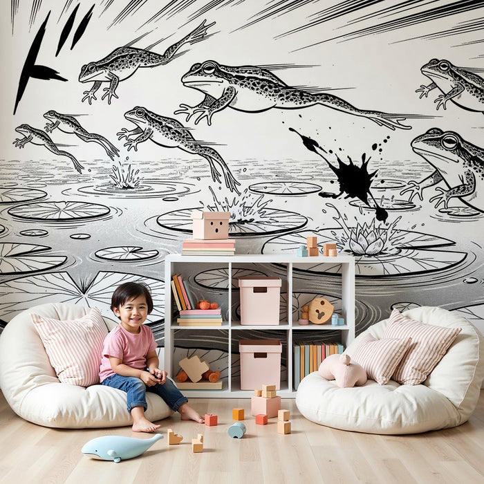 Behang kinderkamer | Kikkers die springen op waterlelies in een waterdecor