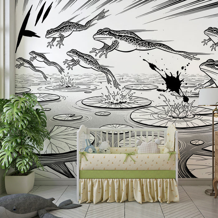 Behang kinderkamer | Kikkers die springen op waterlelies in een waterdecor