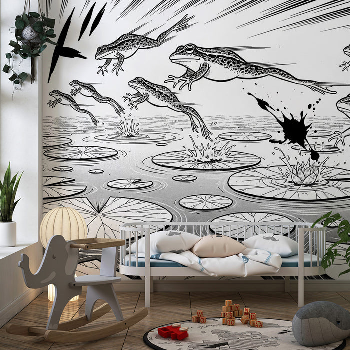 Behang kinderkamer | Kikkers die springen op waterlelies in een waterdecor