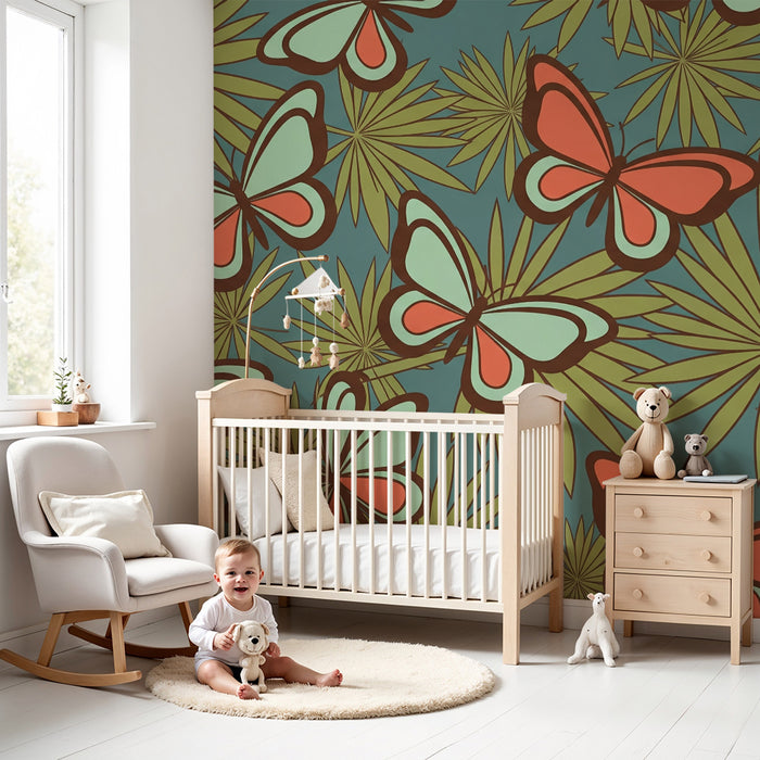 Behang kinderkamer | Grote kleurrijke vlinders en tropisch blad
