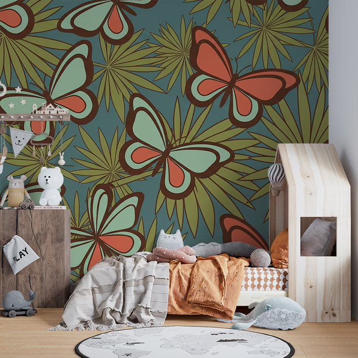 Behang kinderkamer | Grote kleurrijke vlinders en tropisch blad