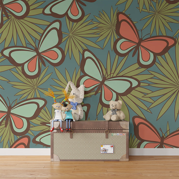 Behang kinderkamer | Grote kleurrijke vlinders en tropisch blad