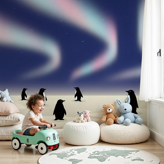 Papier peint chambre enfant | Groupe de pingouins sous les aurores boréales