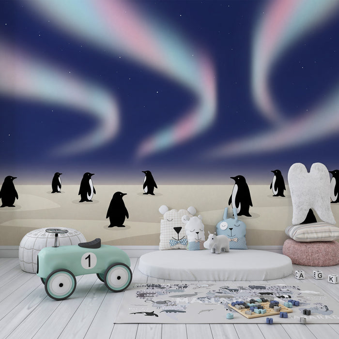 Papier peint chambre enfant | Groupe de pingouins sous les aurores boréales