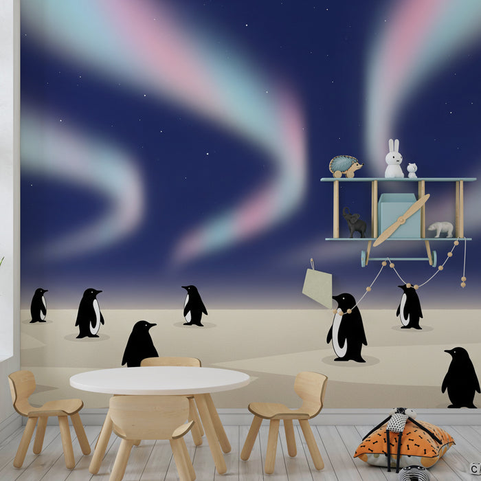 Papier peint chambre enfant | Groupe de pingouins sous les aurores boréales