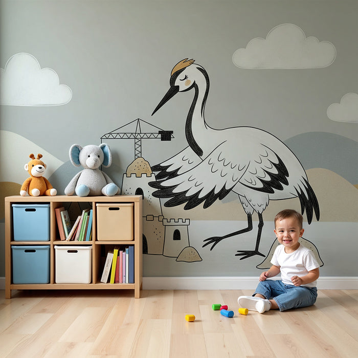 Kinderzimmer-Tapete | Kran, der eine Sandburg in einer sanften Landschaft baut