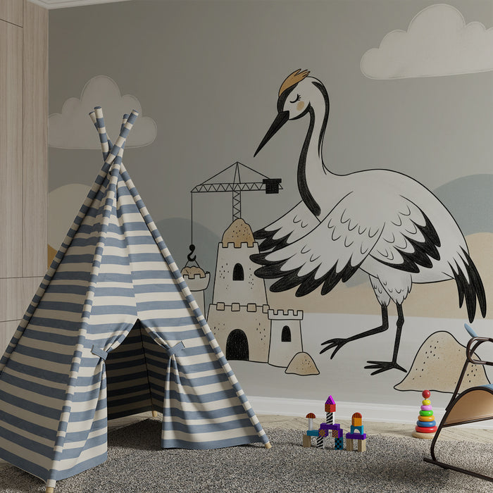 Kinderzimmer-Tapete | Kran, der eine Sandburg in einer sanften Landschaft baut