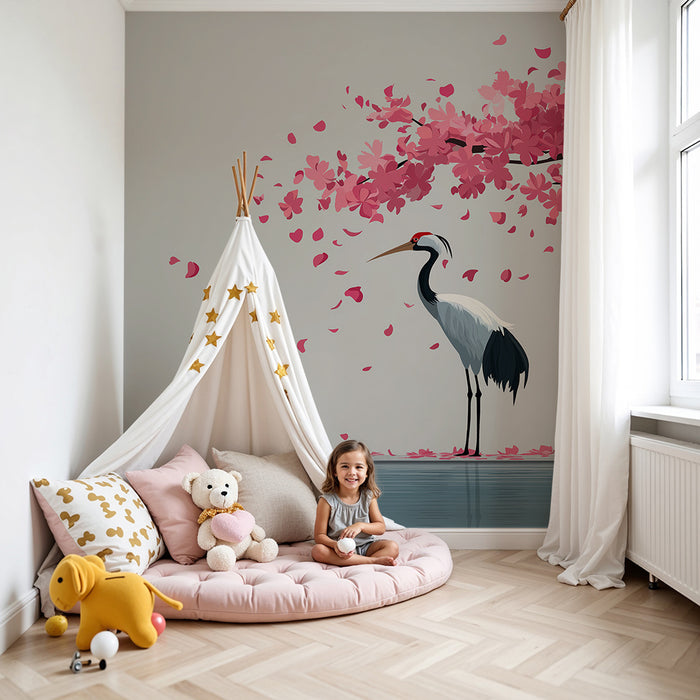 Tapety dla dzieci | Elegancka żuraw pod kwitnącą wiśnią