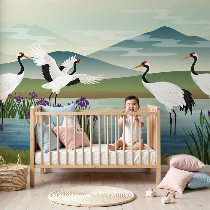 Papel de parede infantil | Garças elegantes à beira da água com íris roxas