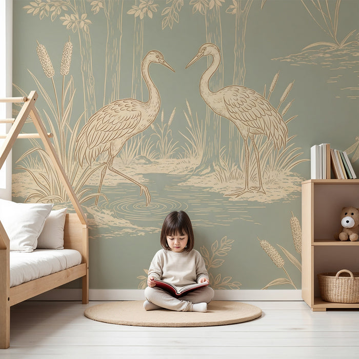 Papel de parede para quarto infantil | Garças elegantes à beira da água num cenário natural tranquilo