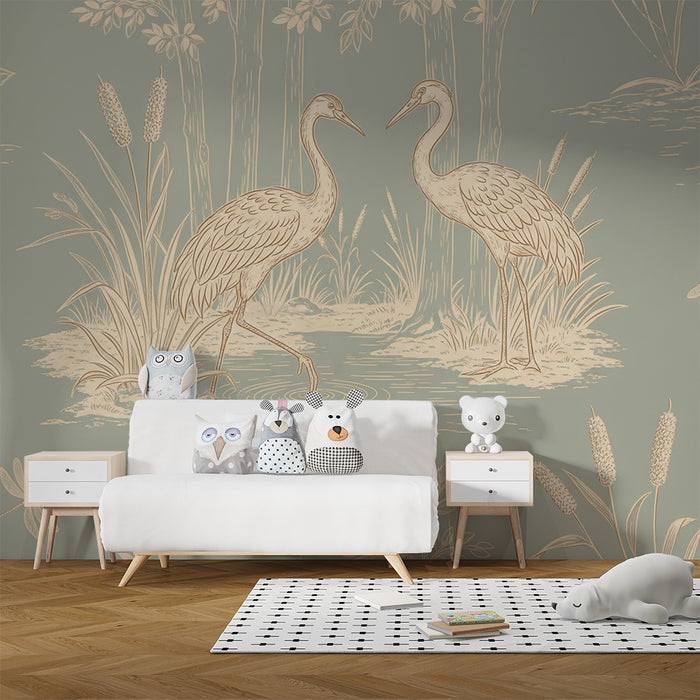 Papel de parede para quarto infantil | Garças elegantes à beira da água num cenário natural tranquilo