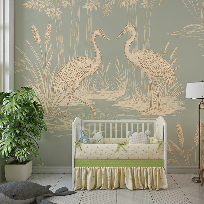 Papel de parede para quarto infantil | Garças elegantes à beira da água num cenário natural tranquilo