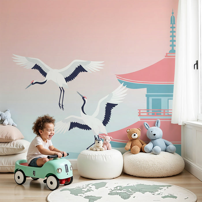 Kinderzimmer Tapete | Elegante Kraniche und Pagode in einer beruhigenden Landschaft