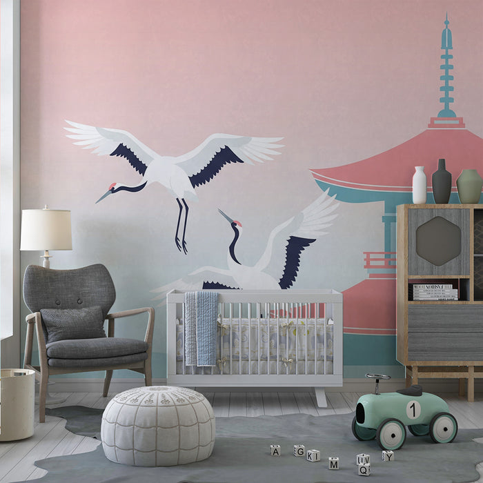 Kinderzimmer Tapete | Elegante Kraniche und Pagode in einer beruhigenden Landschaft