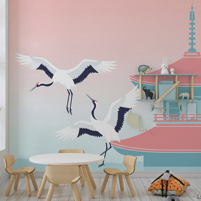 Kinderzimmer Tapete | Elegante Kraniche und Pagode in einer beruhigenden Landschaft