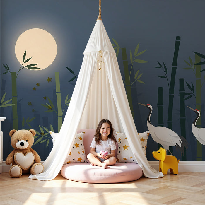 Papel pintado infantil | Grullas elegantes bajo la luna entre bambúes