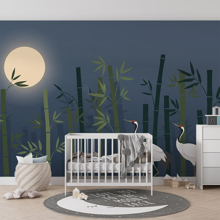 Papel pintado infantil | Grullas elegantes bajo la luna entre bambúes