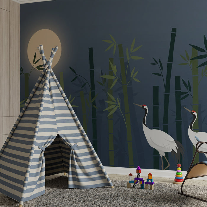 Papel pintado infantil | Grullas elegantes bajo la luna entre bambúes