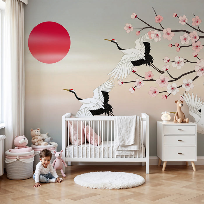 Children's bedroom wallpaper | Majestic cranes under cherry blossoms in bloom
