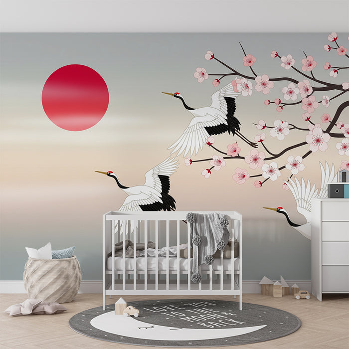 Children's bedroom wallpaper | Majestic cranes under cherry blossoms in bloom