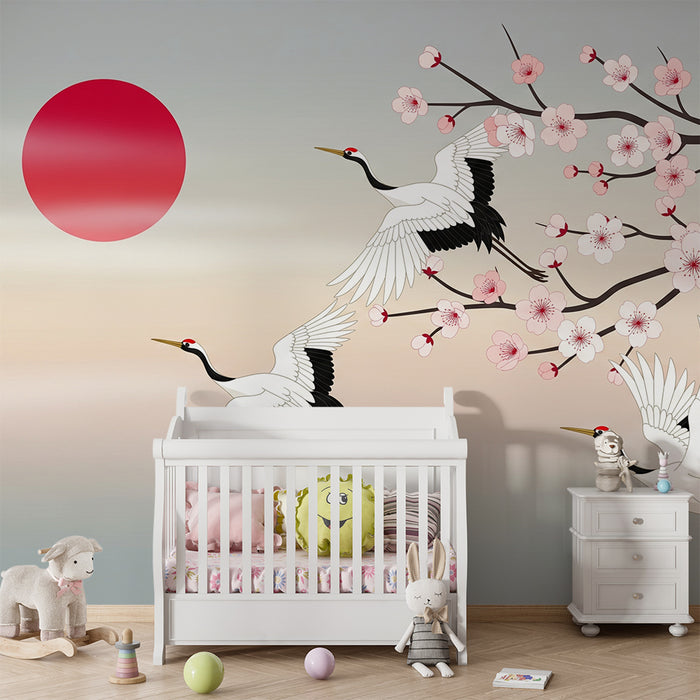 Children's bedroom wallpaper | Majestic cranes under cherry blossoms in bloom