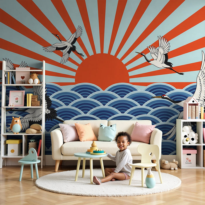 Papier peint chambre enfant | Grues majestueuses sur des vagues stylisées avec un lever de soleil éclatant