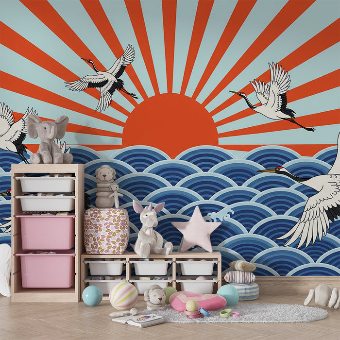 Papier peint chambre enfant | Grues majestueuses sur des vagues stylisées avec un lever de soleil éclatant