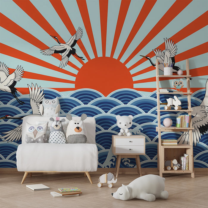 Papier peint chambre enfant | Grues majestueuses sur des vagues stylisées avec un lever de soleil éclatant