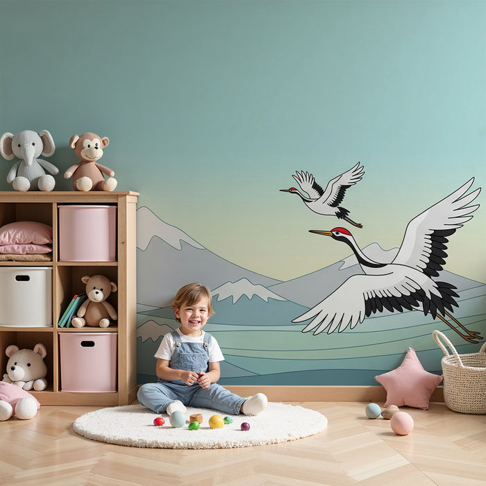 Kinderzimmer Tapete | Majestätische Kraniche vor beruhigendem Bergpanorama