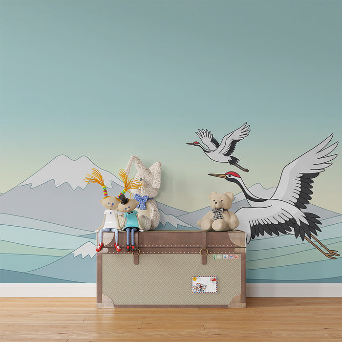 Kinderzimmer Tapete | Majestätische Kraniche vor beruhigendem Bergpanorama