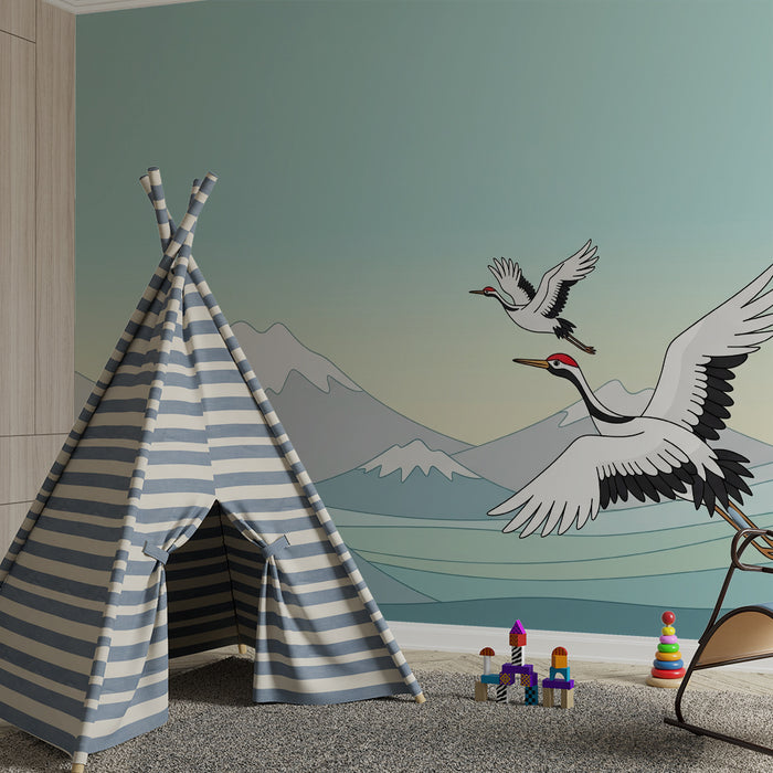 Kinderzimmer Tapete | Majestätische Kraniche vor beruhigendem Bergpanorama
