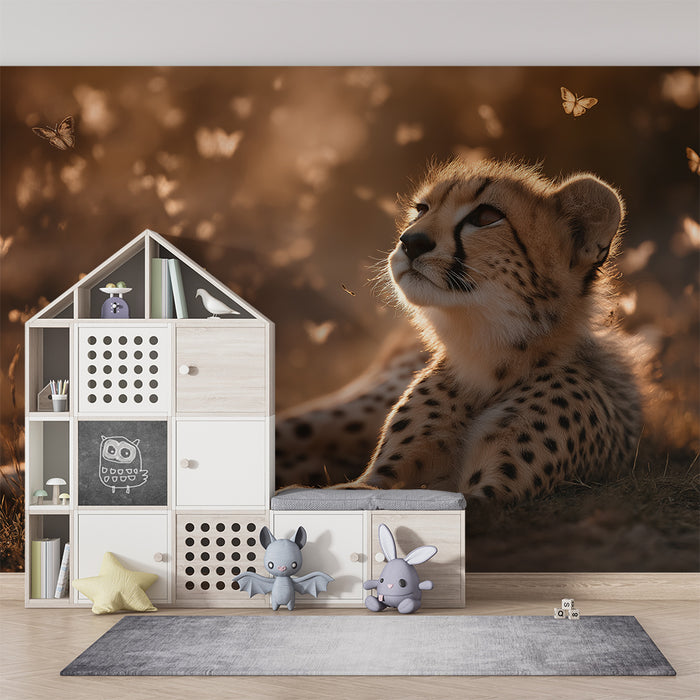 Kinderkamer behang | Beschouwende luipaard omringd door gouden vlinders