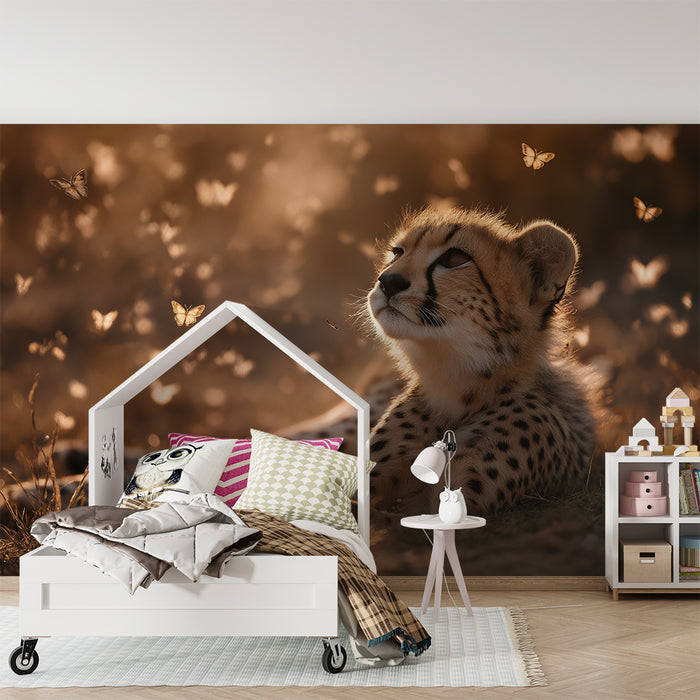 Kinderkamer behang | Beschouwende luipaard omringd door gouden vlinders