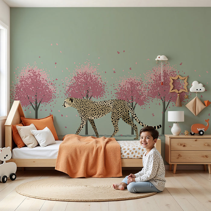 Kinderzimmer Tapete | Elegante Geparden unter blühenden Kirschbäumen