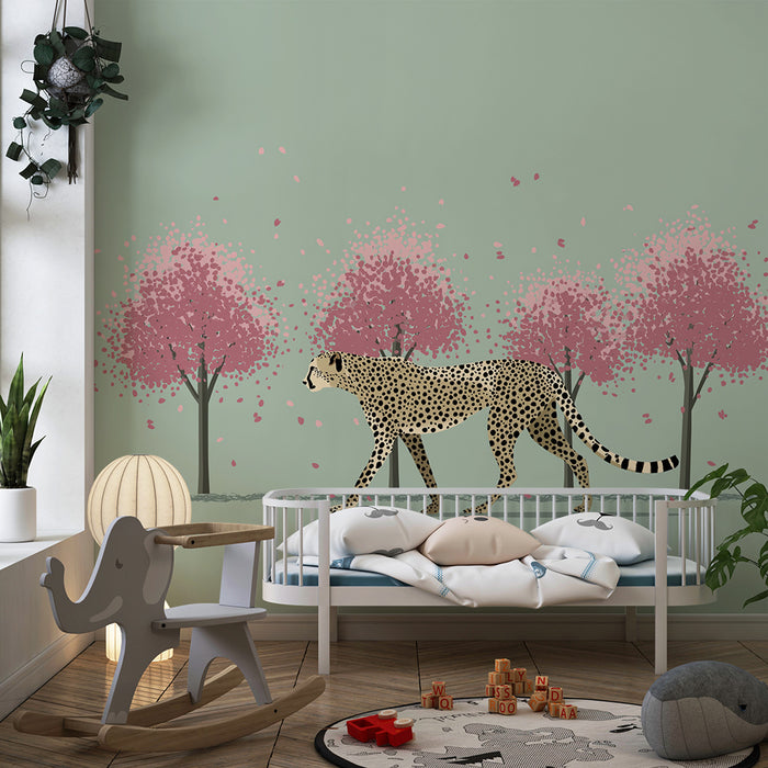 Kinderzimmer Tapete | Elegante Geparden unter blühenden Kirschbäumen