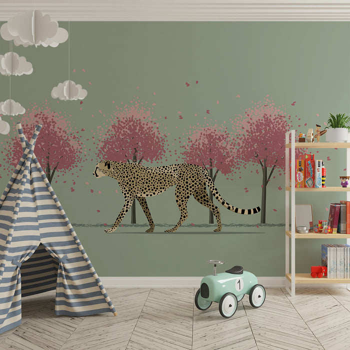 Kinderzimmer Tapete | Elegante Geparden unter blühenden Kirschbäumen