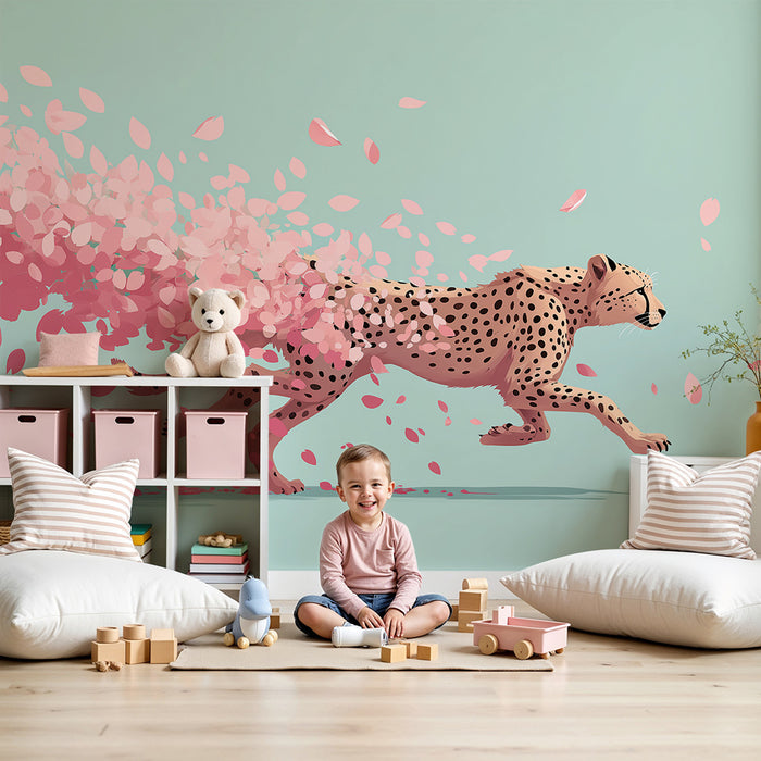 Kinderkamer behang | Luipaard in volle ren met roze bloemblaadjes