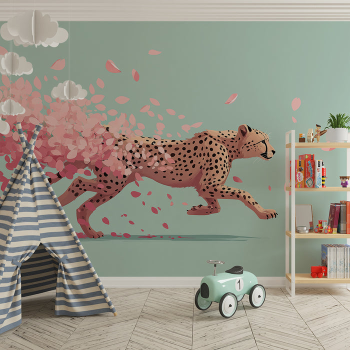 Kinderkamer behang | Luipaard in volle ren met roze bloemblaadjes