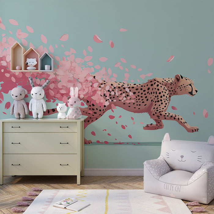 Kinderkamer behang | Luipaard in volle ren met roze bloemblaadjes